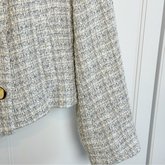 Zara Double Breasted Tweed Jacket Large Gray Texture Weave Crop Blazer Academia - Picture 7 of 16
